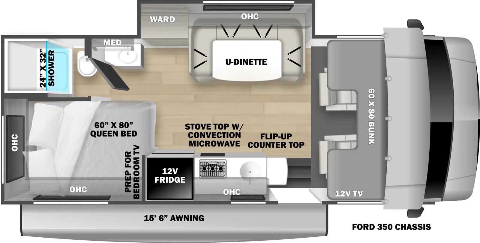 The 2151SLE has 1 slide out. Exterior featuers include a 15 ft. 6 in. awning and is built on the Ford E-350 chassis. Interior layout from front to back incldues a front 60 x 80 cab over bunk with 12V TV; off-door side slide out with U-Dinette, wardrobe and overhead cabinet; door side kitchen with 12V refrigerator, stovetop with convection microwave, overhead cabinet, sink and flip-up countertop extension; rear corner bedroom with 60 x 80 Queen bed and prep for bedroom TV; rear corner bathroom with 24 x 32 shower, toilet, medicine cabinet and sink.